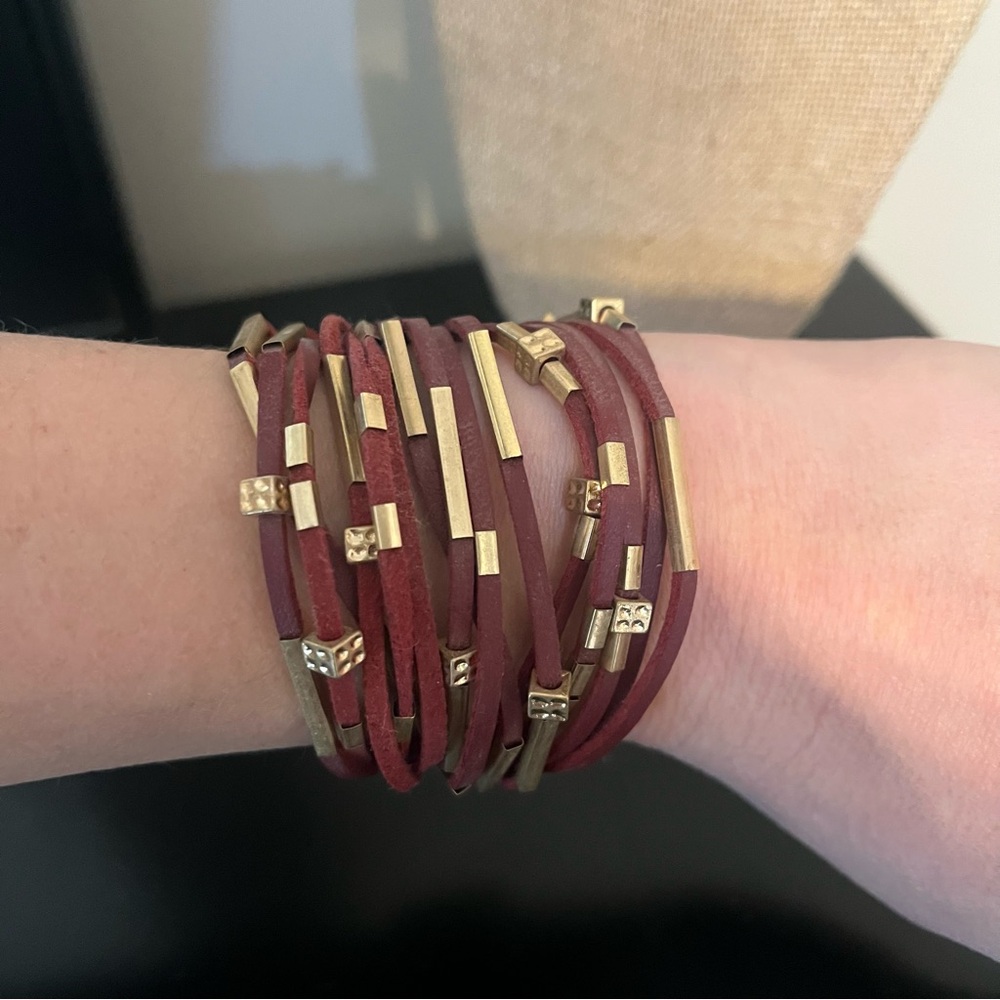 Burgundy Gold Faux Leather Wrap Bracelet with Magnetic Closure Clasp